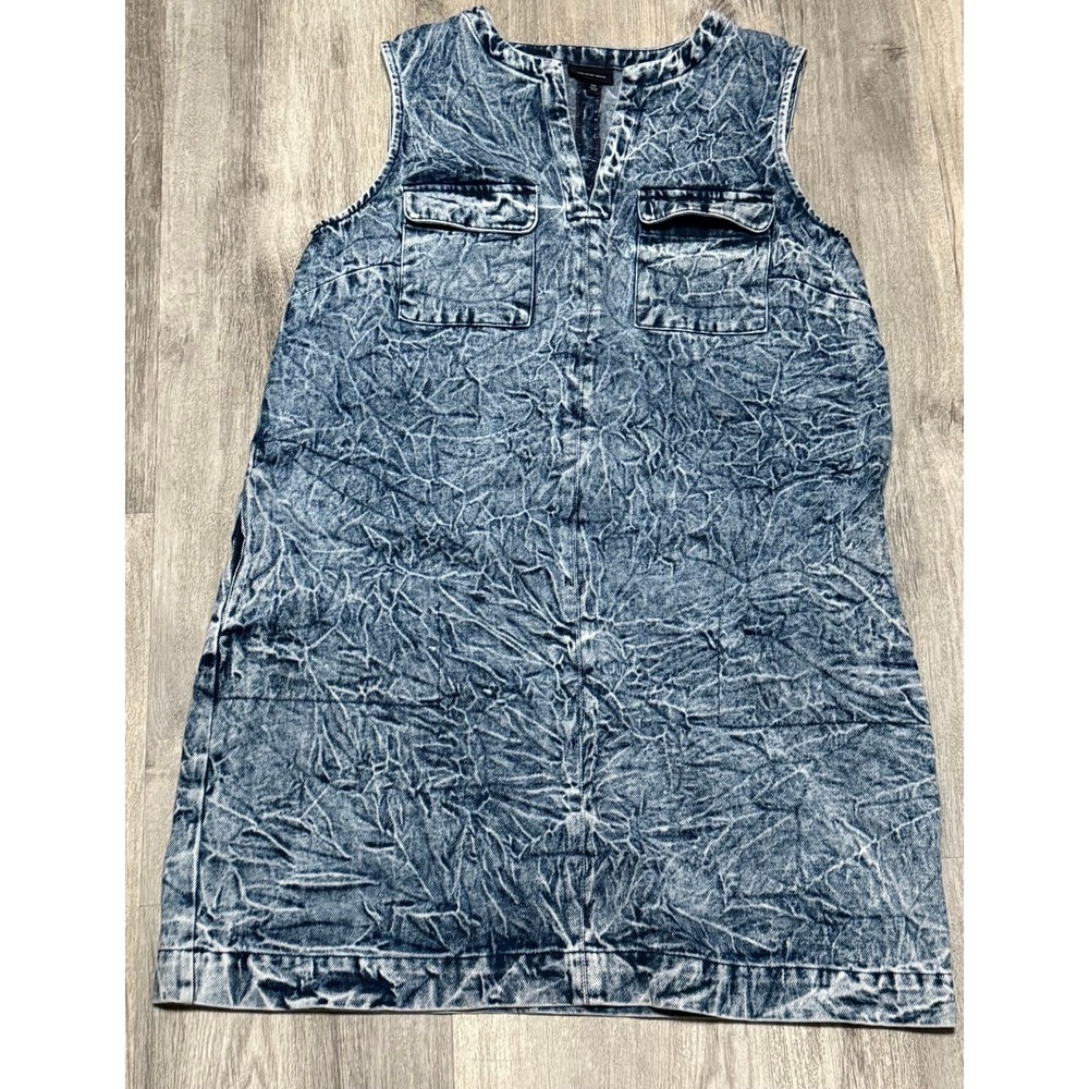 WHO WHAT WEAR Dress Medium Denim V-Neck Sleeveless Acid Wash Shift‎ Denim Blue